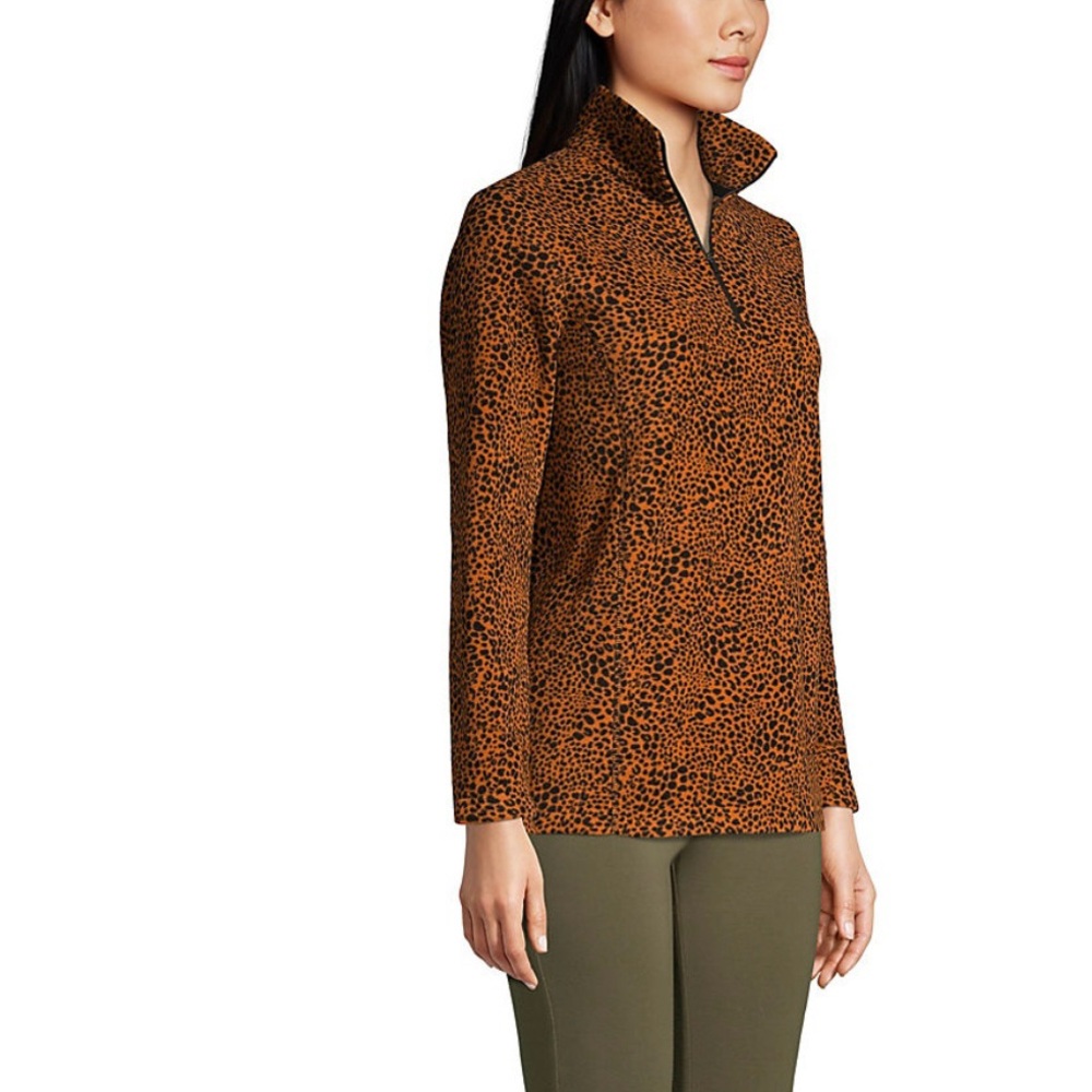 Lands' End Pullover Fleece Size M Brown Black Animal Print 3/4 Zip Long Sleeve